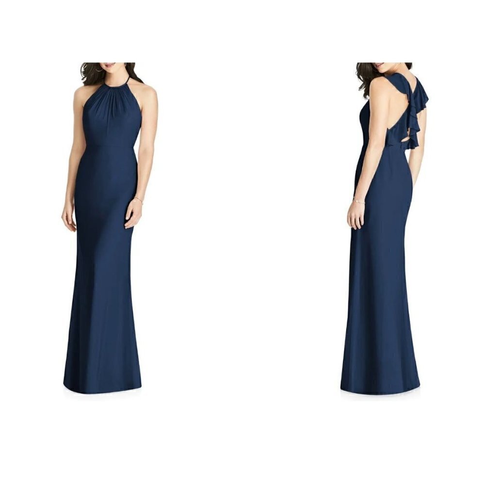 Nwt Dessy Collection Size 8 Ruffle Back Chiffon Halter Gown Navy Msrp $246